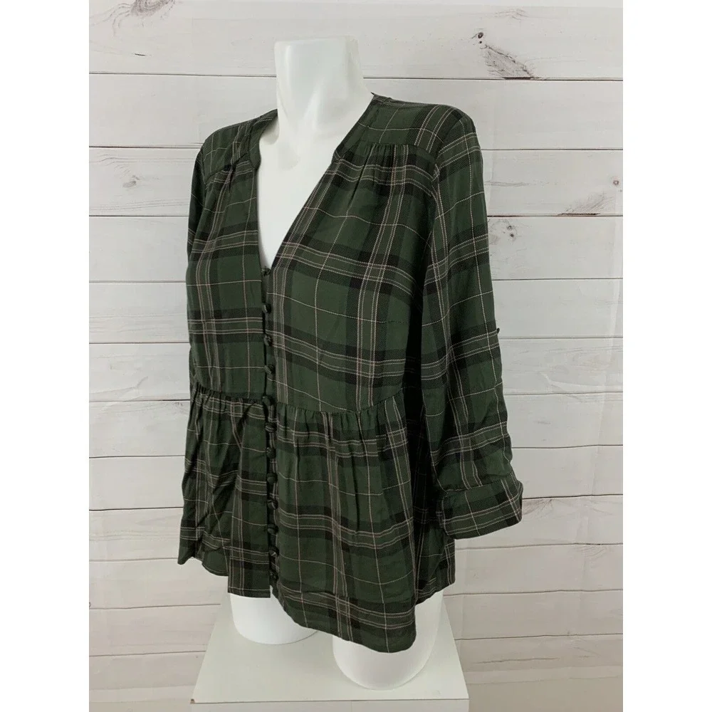 Torrid Womens 3/4 Sleeve Roll Tab Army Green Plaid Button Down Top Shirt Plus 00 - Picture 4 of 8